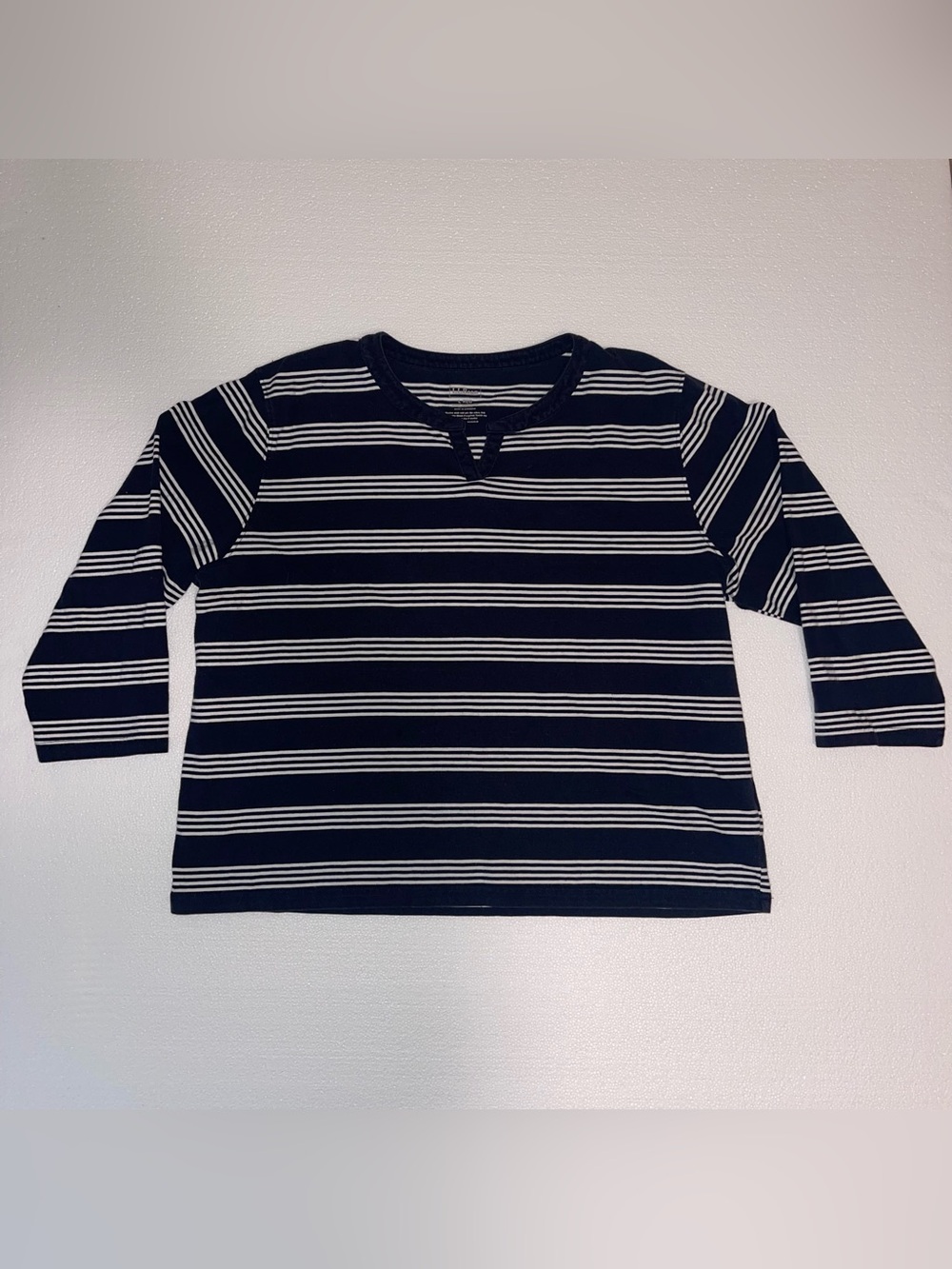 LL Bean Navy White Striped 3/4 Sleeve Top Women’s Size Large Preppy Nautical
